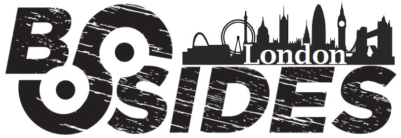 The BSides London logo in black and white with an image of the skyline of london above it.