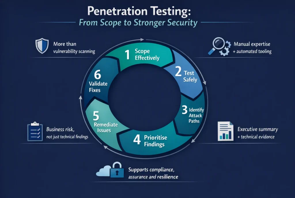 Penetration testing lifecycle showing how to scope, test, identify attack paths, prioritise findings, remediate issues and validate fixes.