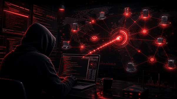 Red Team In Cyber Security concept showing a security professional simulating cyber threats against a connected network.