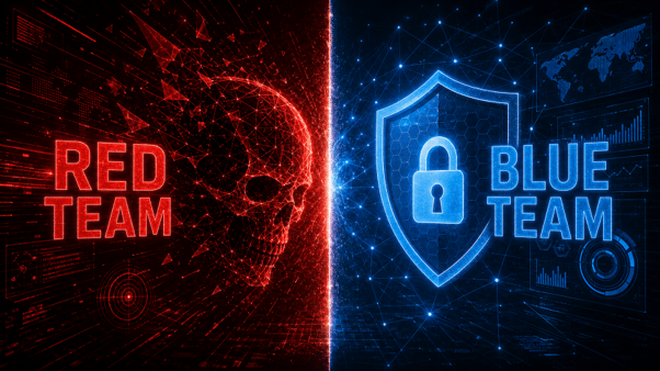 Difference between blue team and red team in cyber security, showing offensive and defensive security roles.