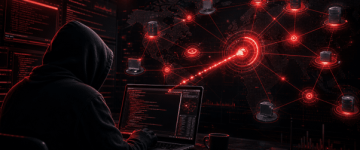 Red Team In Cyber Security concept showing a security professional simulating cyber threats against a connected network.